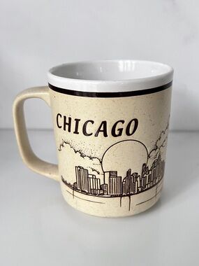 Vintage Chicago Skyline Stoneware Coffee Mug Retro Speckled Tan